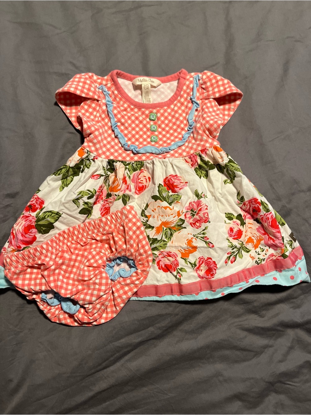 Matilda Jane Coral Gingham and Floral Dress with Blue Trim